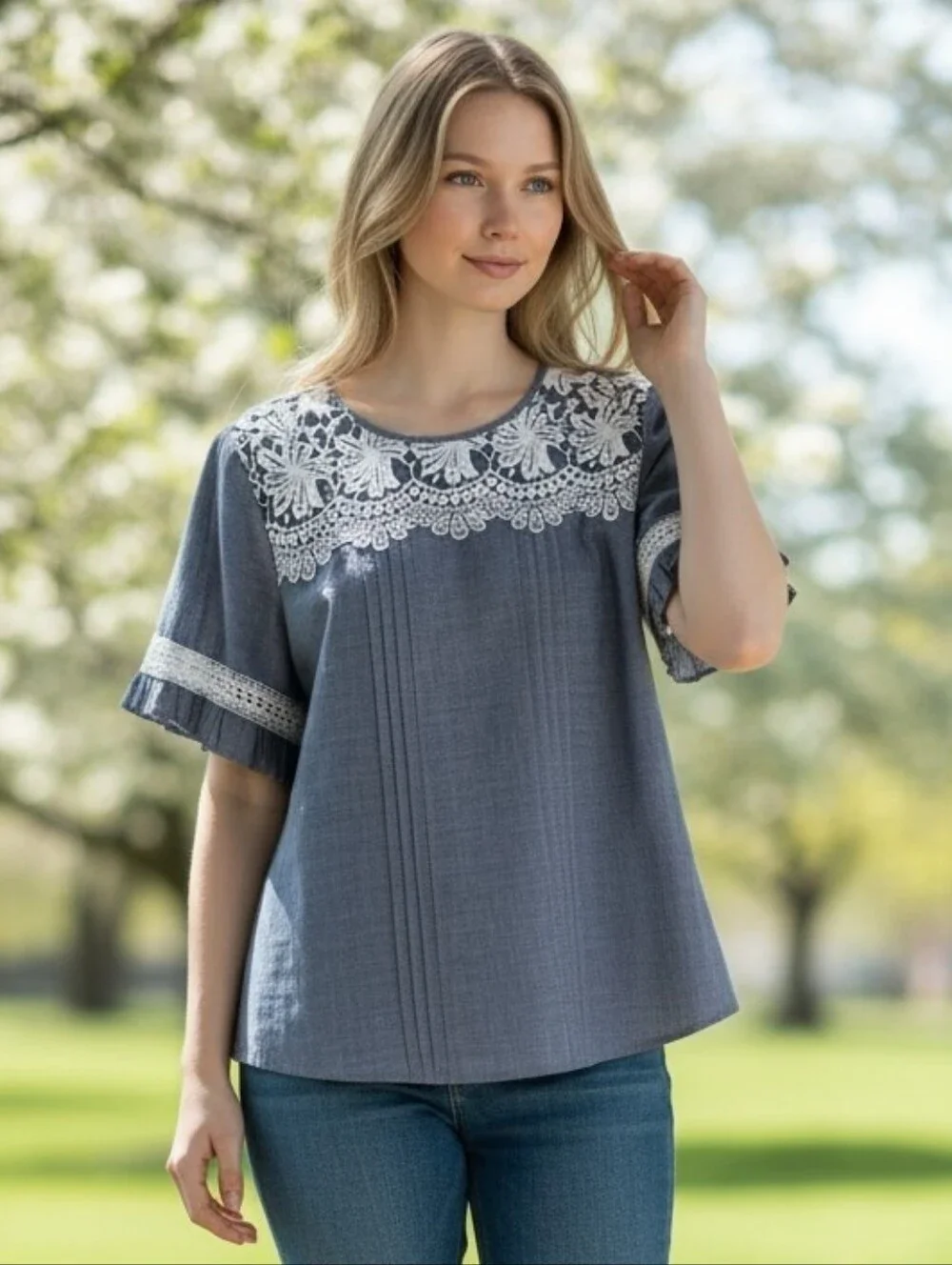 Karl Lagerfeld Cotton Blue Chambray Lace-Yoke Short Sleeve Blouse